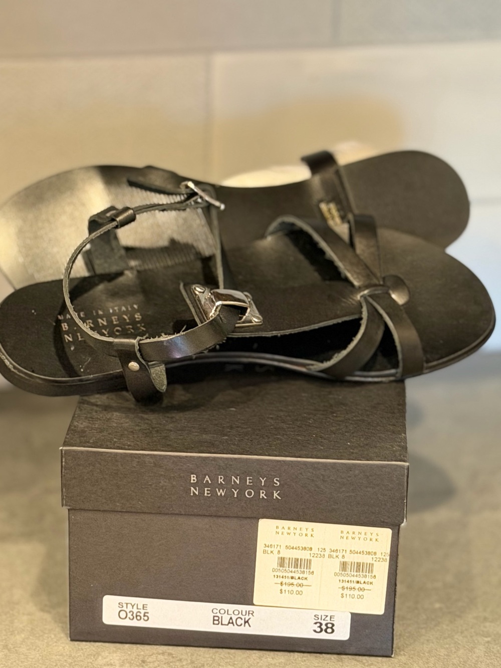 Barneys New York Black Leather Strappy Ankle Sandals